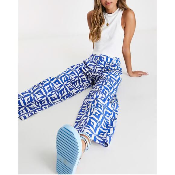 Free People Menorca Blue & White Multi Print High Rise Wide Leg 100% Cotton - Picture 2 of 6